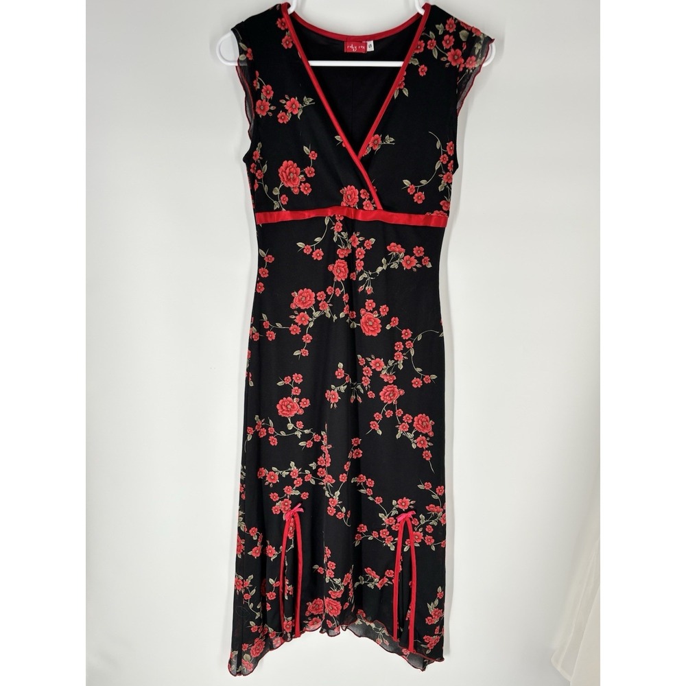 VTG Ruby Rox Babydoll Empire Dark Floral Midi Dress Sz S Y2K Romantic Mesh Goth